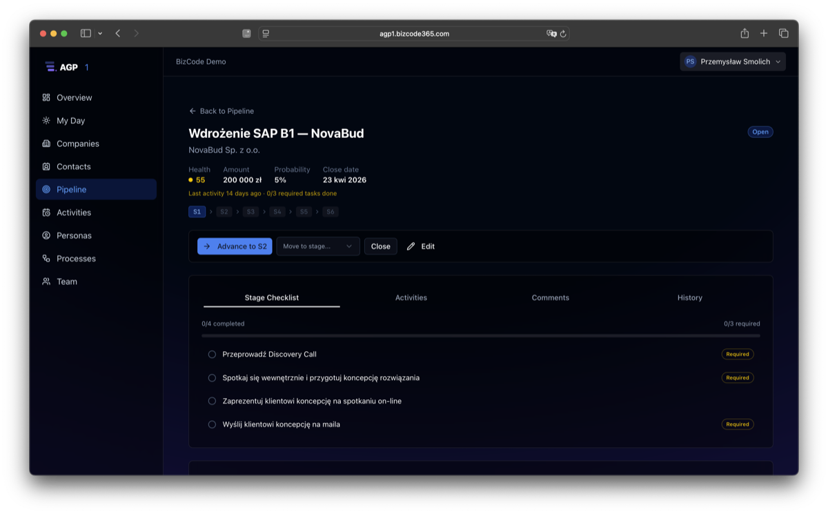 Opportunity detail showing health score 55 and stage checklist