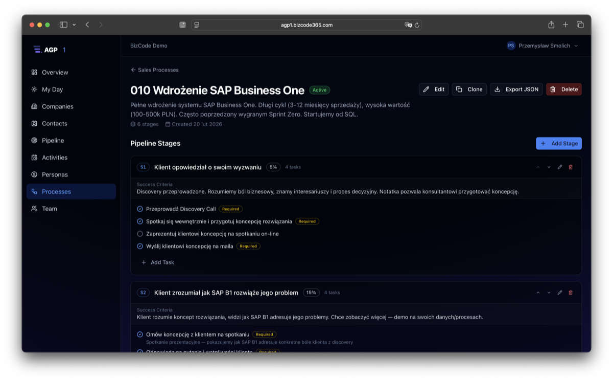 Sales process configuration with pipeline stages and mandatory tasks