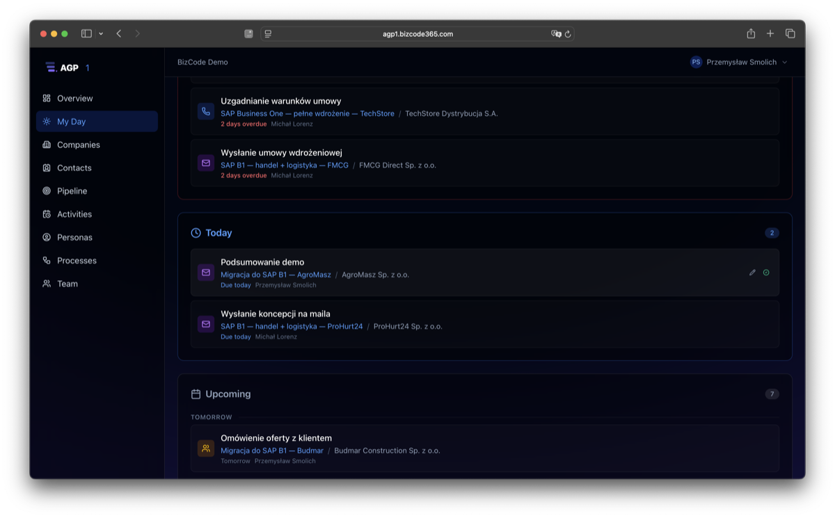 My Day view showing overdue, today, and upcoming sales activities